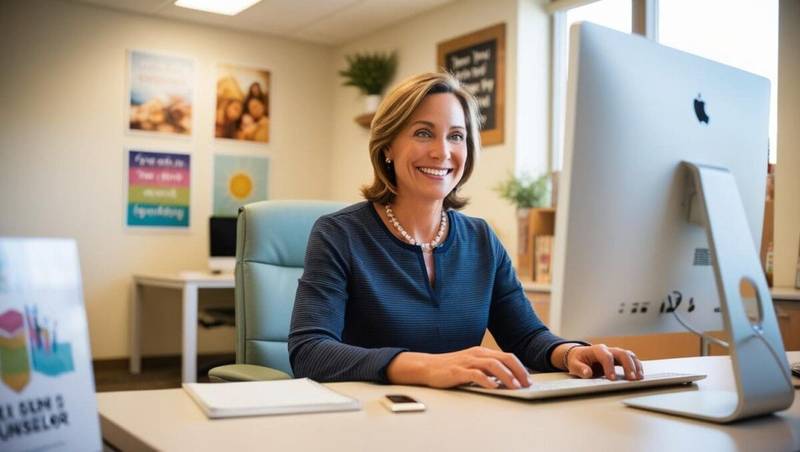school counselor in the office using computer