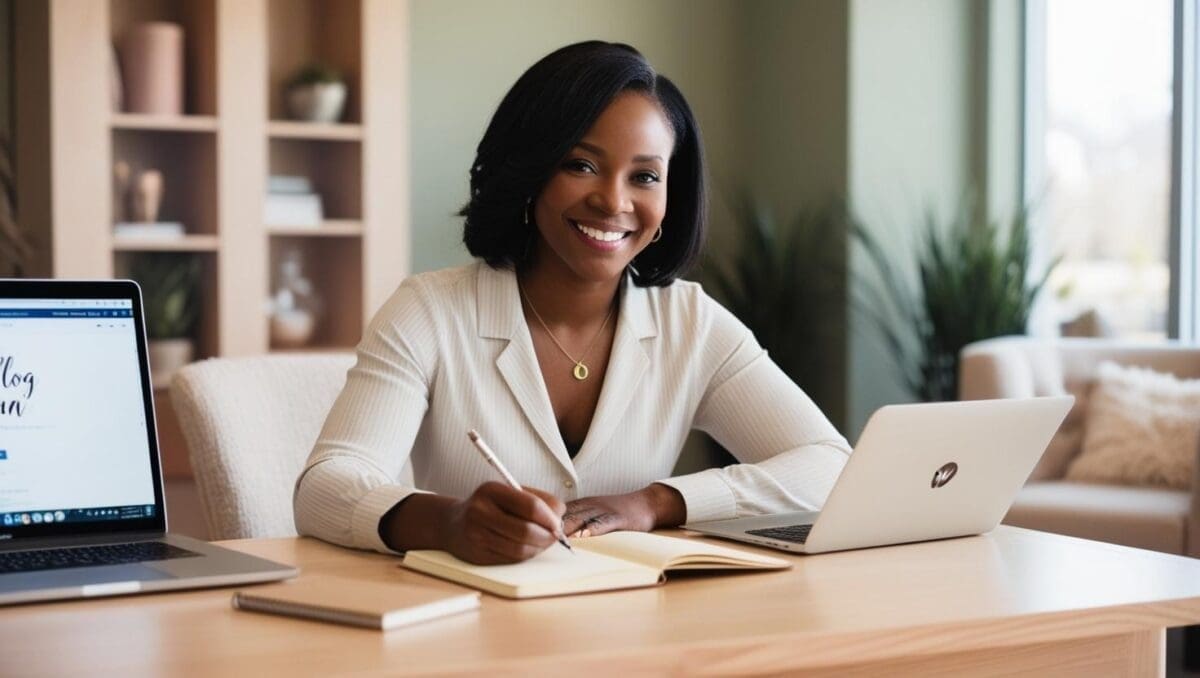 Therapist at a desk writing ‘Blog Plan’ in a notebook, with a laptop in the background showing a WordPress dashboard