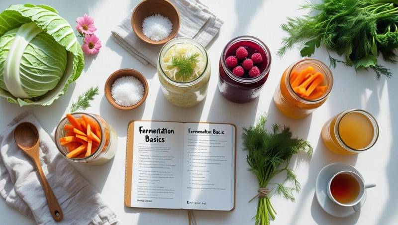 Feature image with glass jars of homemade fermented foods (sauerkraut, carrots, yogurt, kombucha) on a bright kitchen table with feminine touches, herbs, and a handwritten recipe, for a family wellness blog.