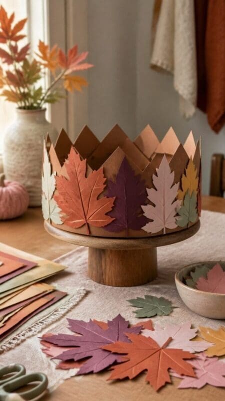 Preschool fall leaf crown decorated with plum, terracotta, blush, and sage paper leaves