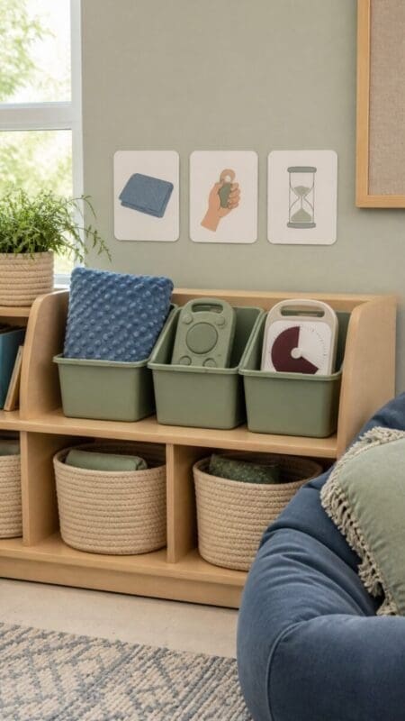 Choice-based sensory tools organized in separate classroom bins
