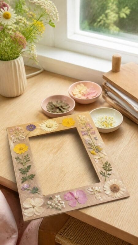 Pressed-flower frame and flower press on a craft table