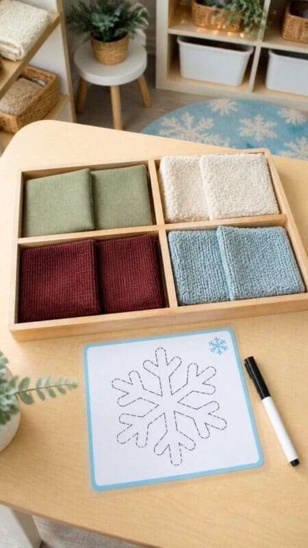 Winter texture-matching tray with large fabric squares and a snowflake trace card