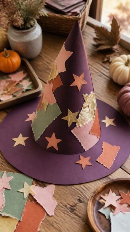 Friendly plum witch hat collage decorated with torn autumn paper