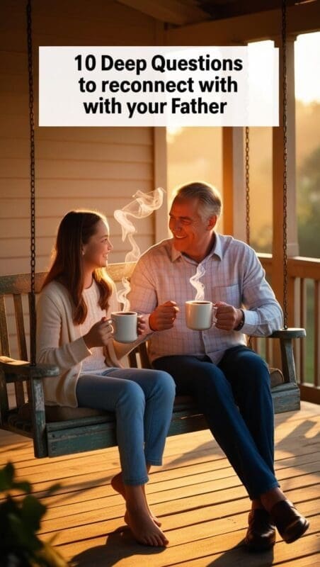 Father and adult daughter sitting together outdoors, having a deep and emotional conversation at sunset.